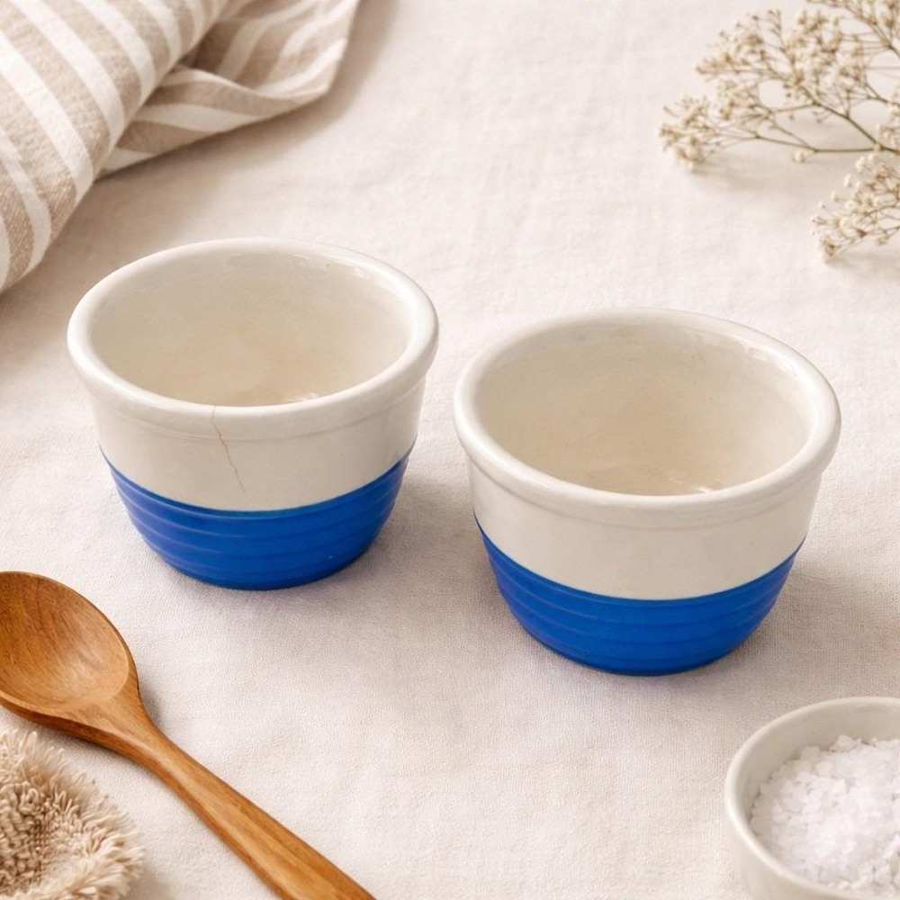 Universal Potteries Custard Cups Vintage Small Blue White Beehive Ramekins Set 2